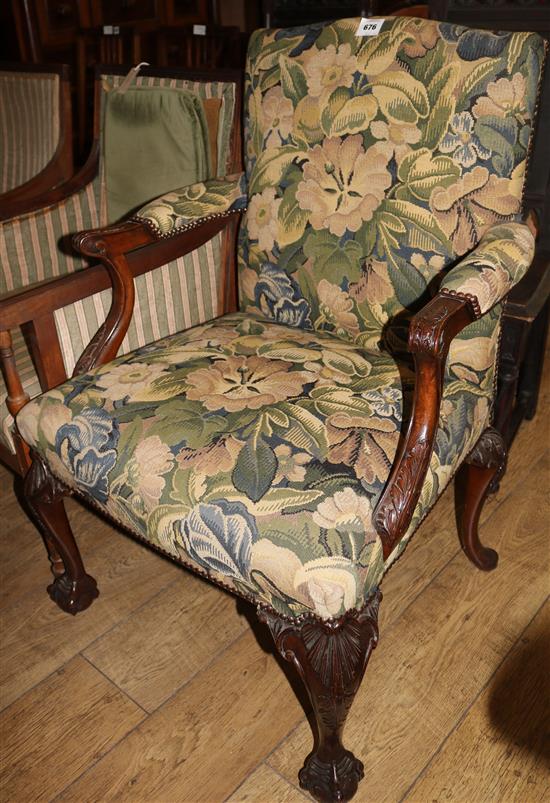 A Georgian style mahogany tapestry upholstered Gainsborough chair